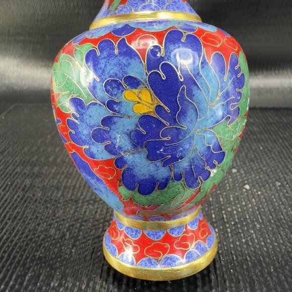 Vintage Chinese Cloisonne Vase Vessel Bud Vase Blue Red Bird Flowers Metal VTG - Picture 8 of 12